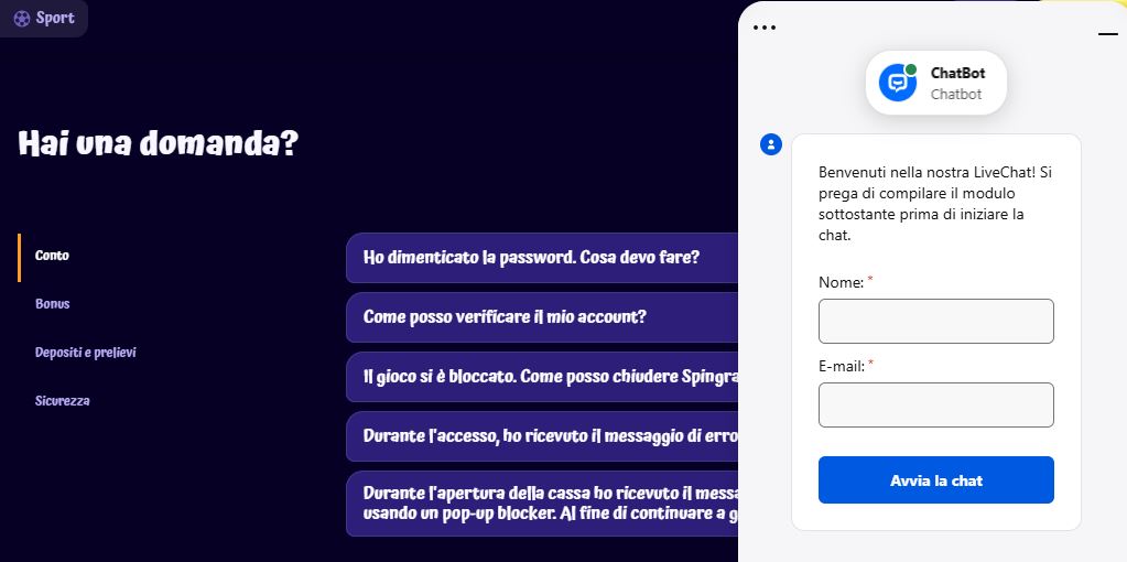 Contatta assistenza in chat